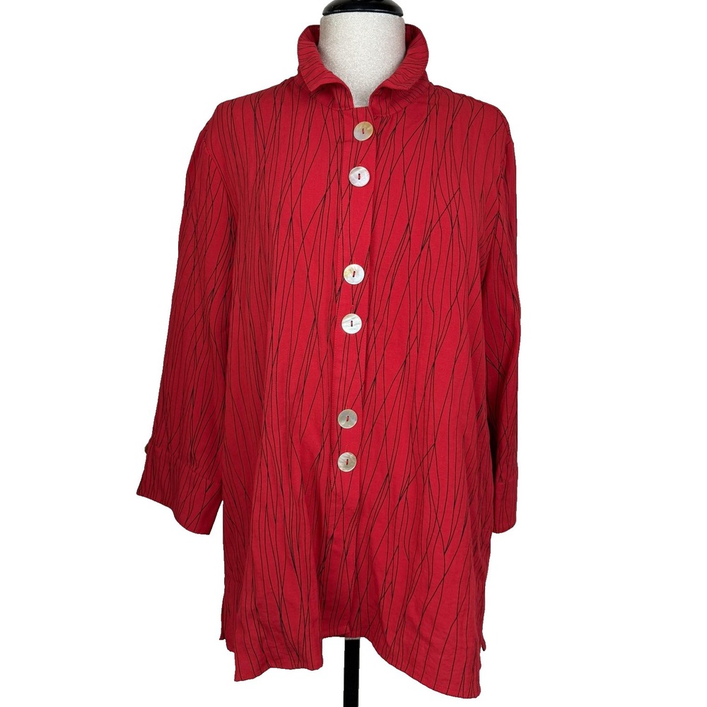Ali Miles Shirt Womens XL Red Stripe Button Front Collared Tunic Top Boho Artsy